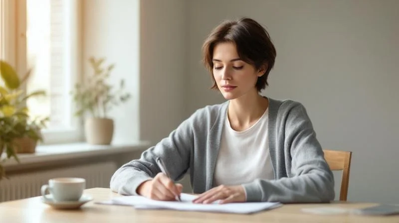 Frau fuellt Formulare am Schreibtisch in einem hellen Raum in Moers aus