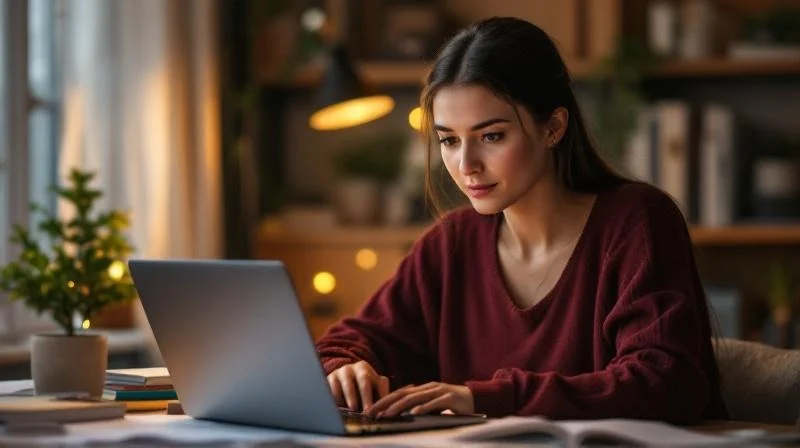 Frau lernt abends am Laptop fuer ihre IHK-Fortbildung in Moers