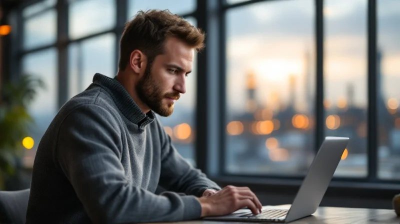 Moerser Angestellter im Industrie-Büro mit Laptop, im Hintergrund Chempark-Silhouette am Niederrhein