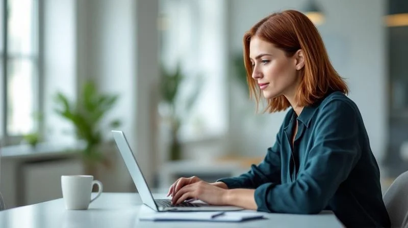 Frau arbeitet konzentriert am Laptop in einem modernen Büro in Mörs