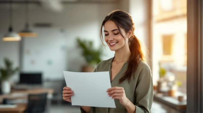 Frau haelt stolz ein Zertifikat in den Haenden in einem Buero am Niederrhein