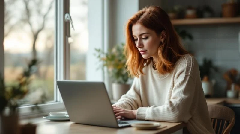 Quereinsteigerin lernt am Laptop in einer Moerser Wohnung mit Niederrhein-Landschaft im Hintergrund