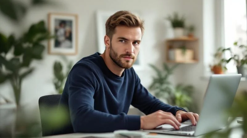 Mann sitzt konzentriert am Laptop in einem hellen Raum in Mörs und lernt online