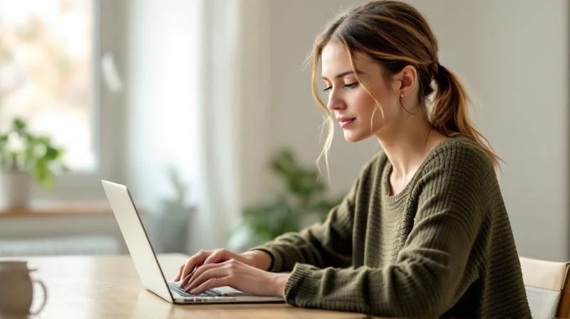 Frau am Laptop in einem hellen Raum mit Blick auf den Niederrhein