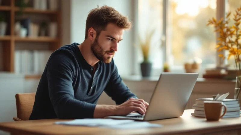 Mann arbeitet konzentriert am Laptop in einem modernen Homeoffice am Niederrhein